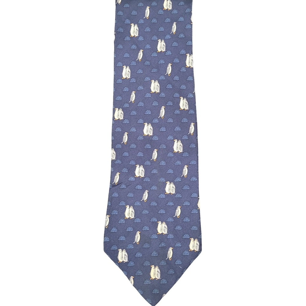 Tommy Hilfiger One Size Silk Necktie Mens Navy Blue Penguin Igloo Novelty Print